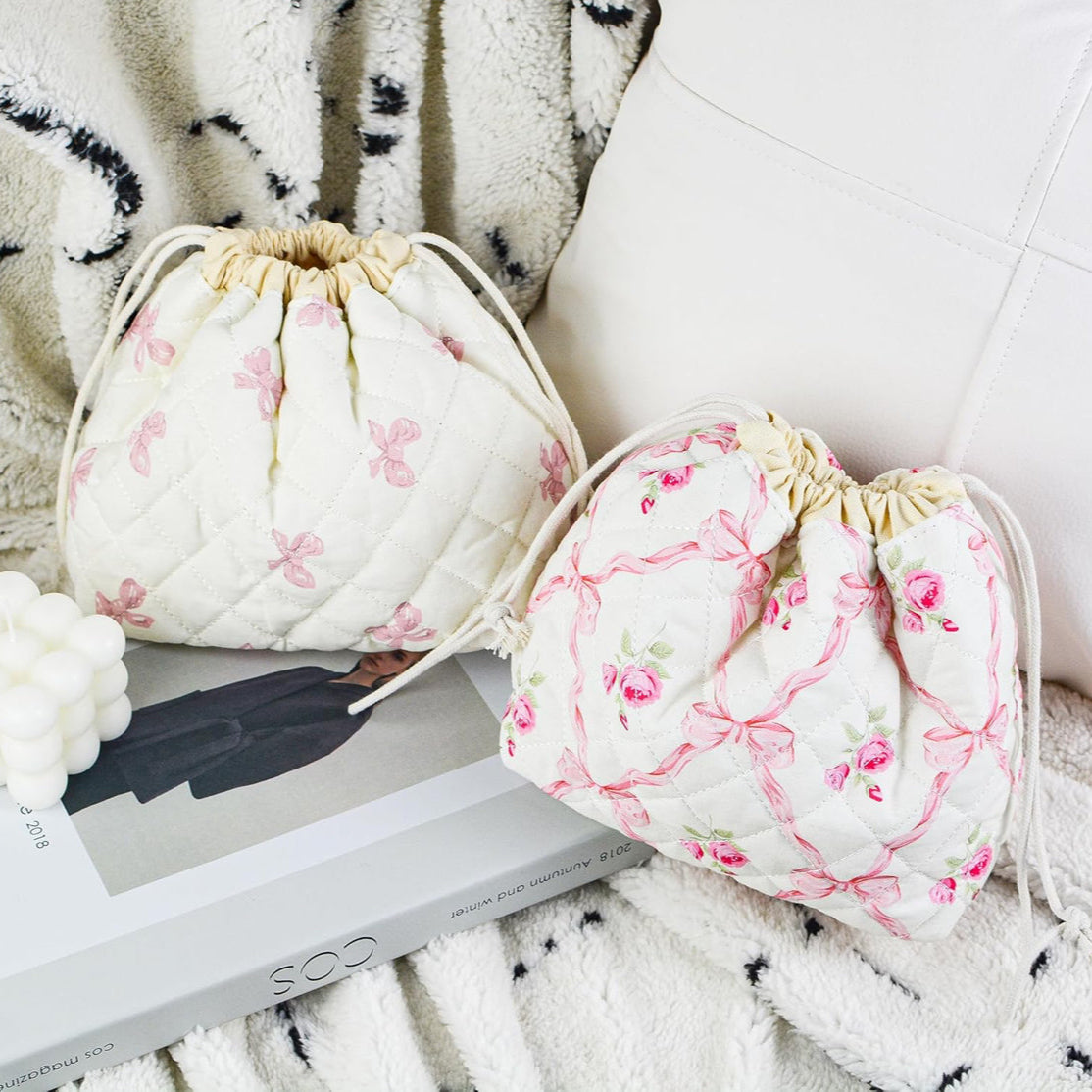 Pink Bows Floral Drawstring Pouch