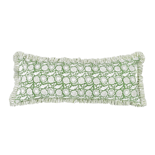 Lois Ruffle Block Print Pillow in Green - 14"x 36"
