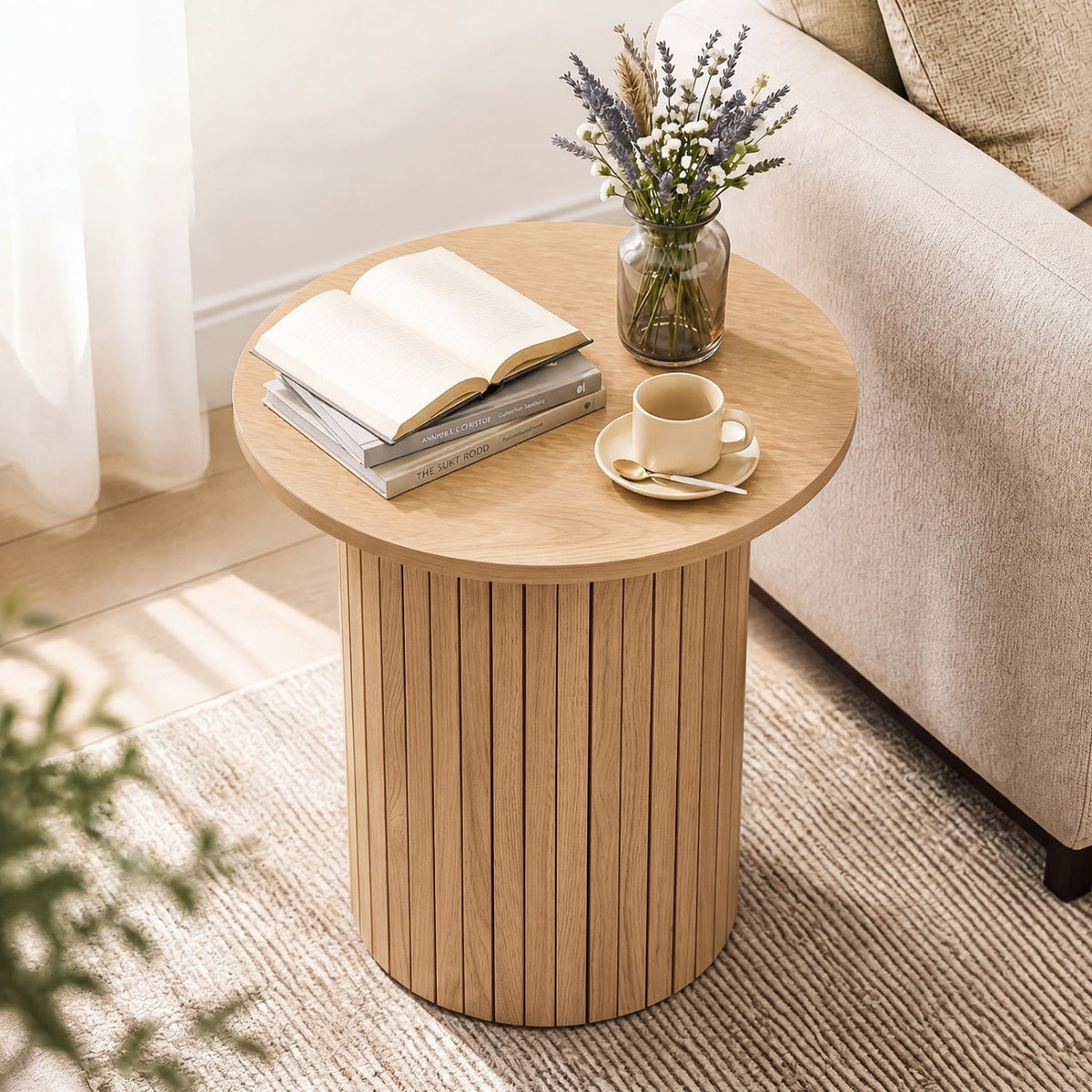 Natural Wood Fluted Side Table