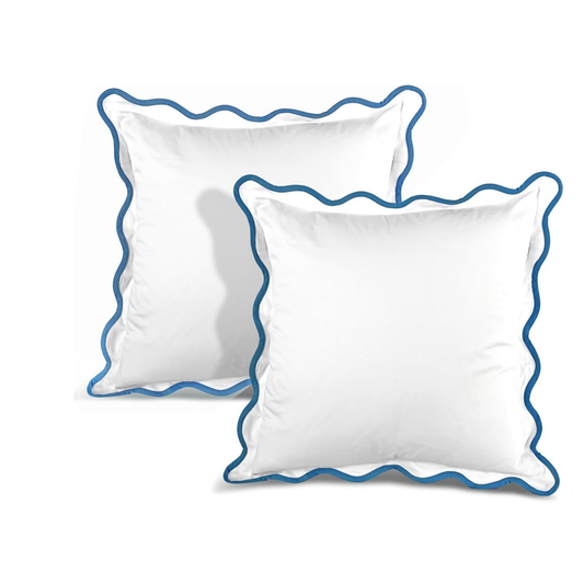 White Scalloped Euro Sham Pillow with Blue Piping- 24" x 24"