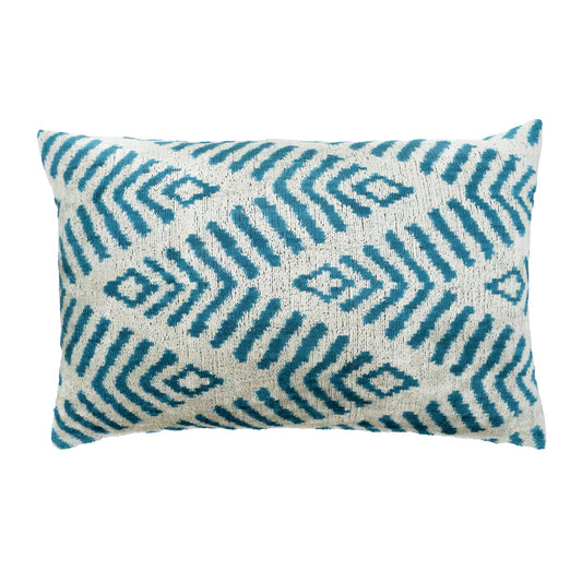 Coastal Blue Silk Velvet Ikat Throw Pillow 16" x 24"
