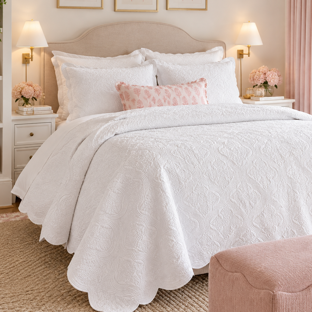 White Scalloped Cotton Quilt Bedding Set