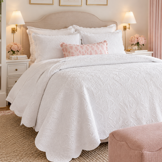 White Scalloped Cotton Quilt Bedding Set