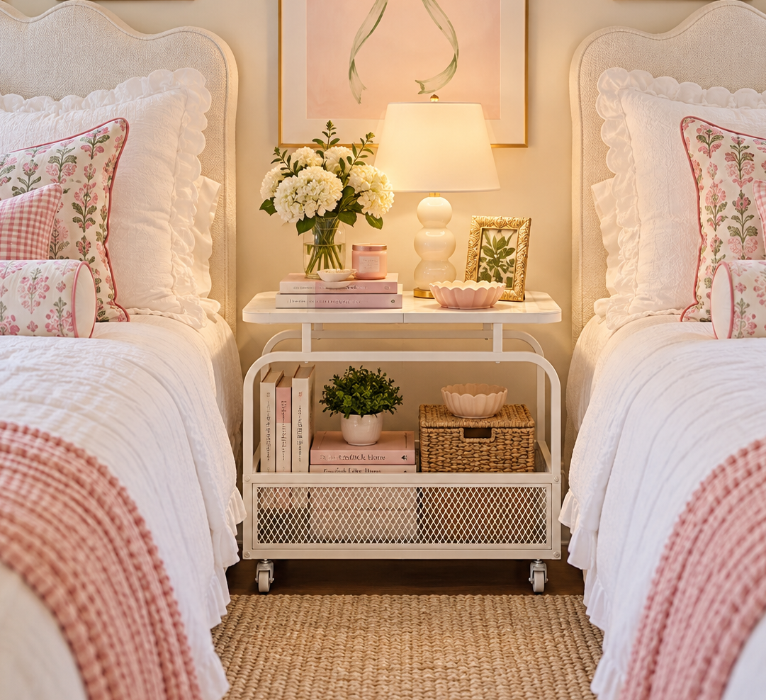 Rolling Side Table with Storage Basket