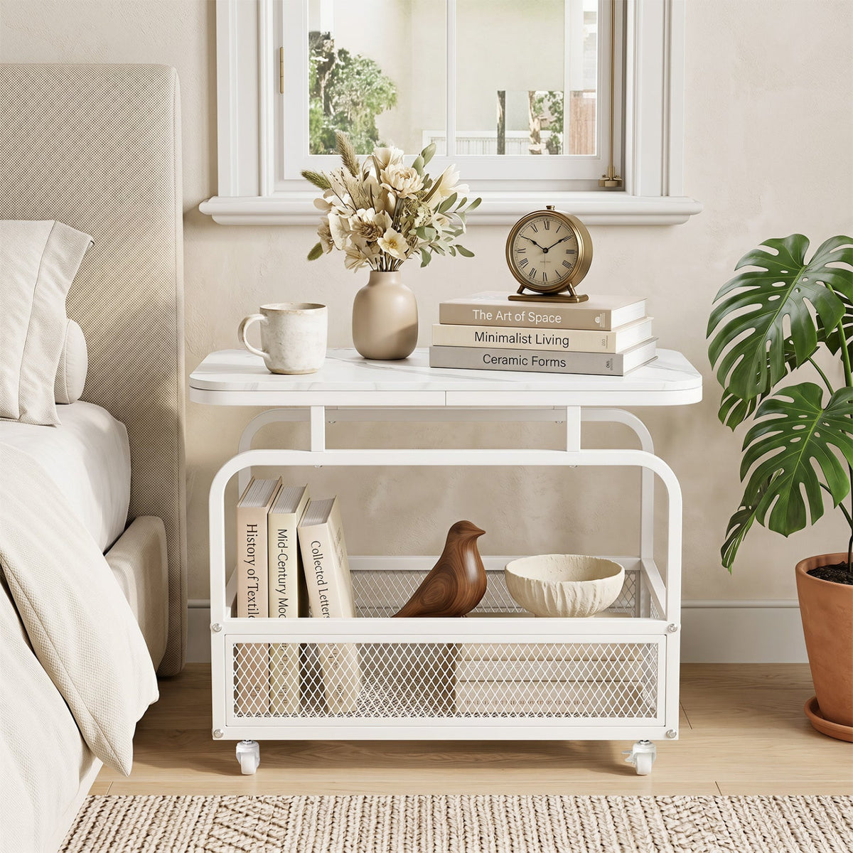 Rolling Side Table with Storage Basket