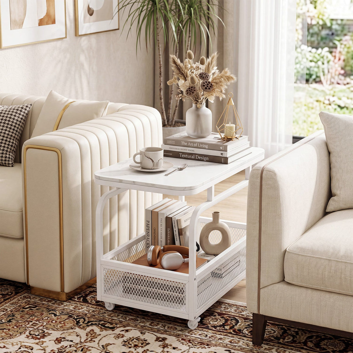 Rolling Side Table with Storage Basket