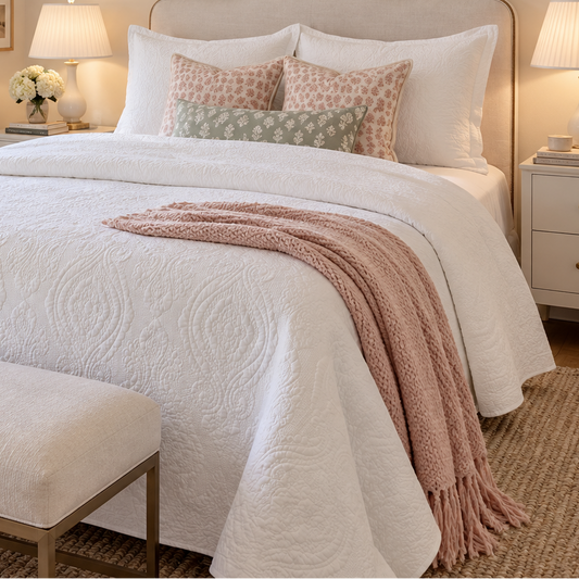 White Brocade Matelassé Quilt Bedding Set