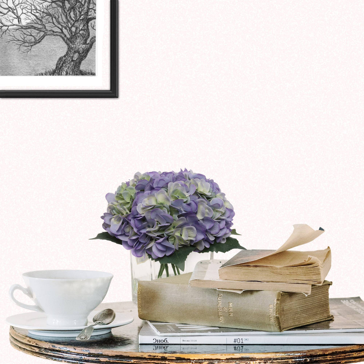 Blue & White Hydrangea Flowers In Glass Vase